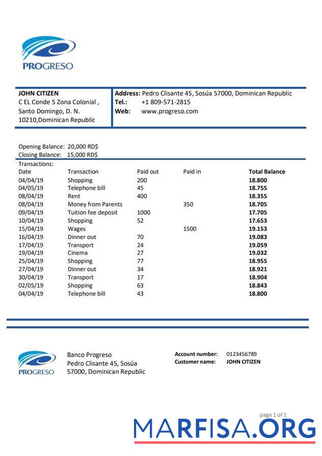 Downloadable Dominican Republic Progreso bank statement word real example